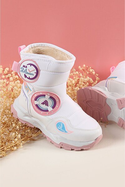 Zerenyus Winters Termal Yünlü Beyaz Pudra Kız Çocuk Cırtlı Kar Botu