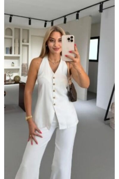 Sezgi Tekin Бяла жилетка с костни копчета на гърба