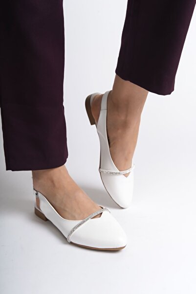 Zerenyus Allison Buckle Orthopedic Comfortable Stone Detailed Women's White Ballerinas