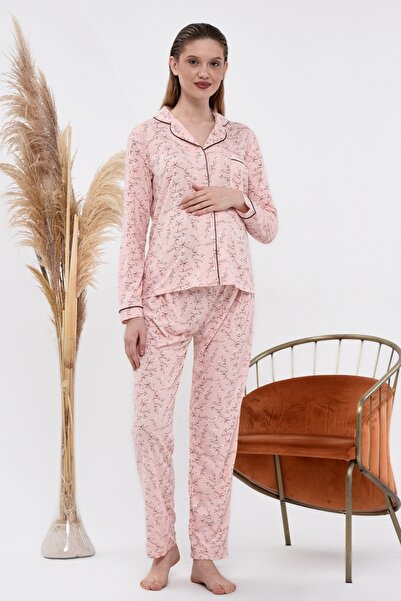 LadyMina Pijama Sada pyžama s dlouhým rukávem v pudrové barvě s květinovým vzorem pro těhotné a těhotné