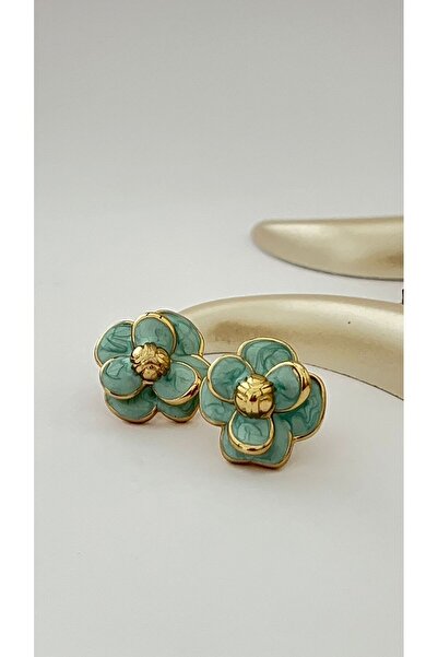 Goche Çiçek Motifli Mineli Altın Kaplama Paslanmaz Çelik Küpe