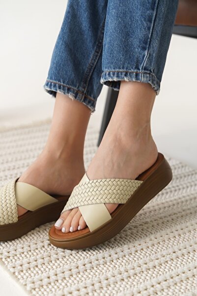 Zerenyus Fayn Premium Beige Braided Genuine Leather Slippers