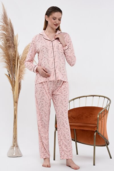 LadyMina Pijama Sada pyžama s dlouhým rukávem v pudrové barvě s květinovým vzorem pro těhotné a těhotné