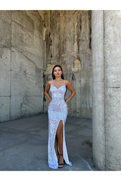SELİN MODA EVİ Φόρεμα Trend με σκίσιμο βελούδο λευκό 583293