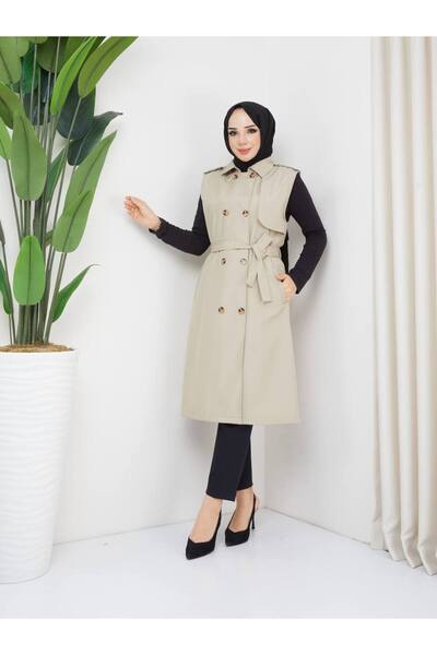 RACE FASHİON Belted Waist Double Pocket Vest Trench Coat Rc3037