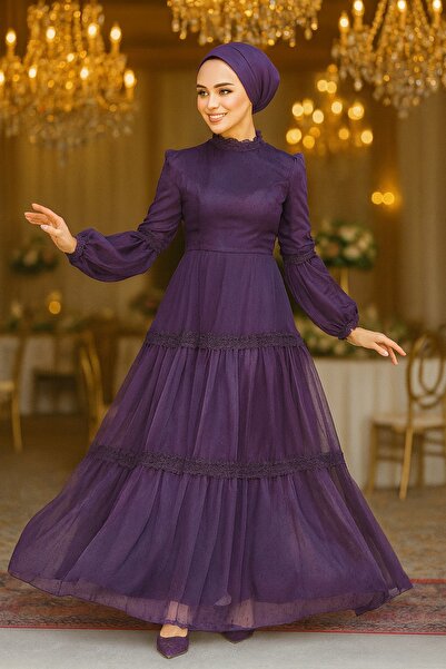 Neva Style Lace Detailed Purple Hijab Evening Dress 2335Purple