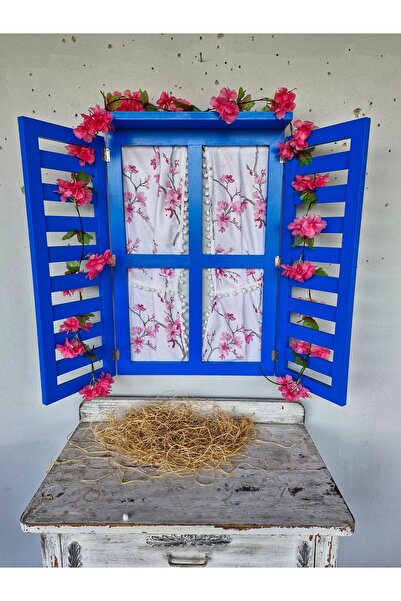 Home Balkon dekoru için mavi ahşap panjurlu pencere ,perdeli 100×75cm ,