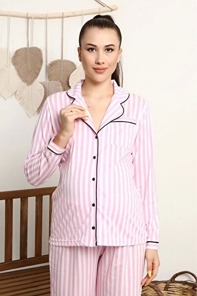 LadyMina Pijama Pregnant Maternity Penbe Striped Satin Ribbed 100% Cotton Pajamas Set