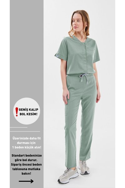 SAR TEKSTİL Refresh Kadın Küf Yeşili Likralı Doktor Hemşire Forması Scrubs Ce...