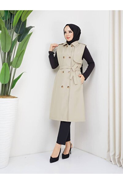 RACE FASHİON Belted Waist Double Pocket Vest Trench Coat Rc3037