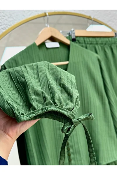 MİHRA STORE Ascona Sleeve Lace-Up Buttoned Skirt Ruffled Dubai Suit-Ek459 Green