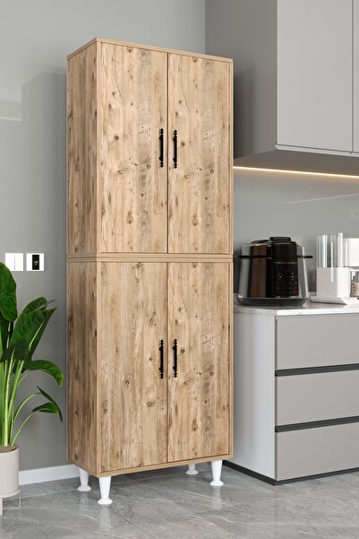 AEKA Ae-2086 Bala Atlantik Çam Çok Amaçlı Mutfak Dolabı&banyo Dolabı, Kiler, 4 Kapaklı, Raflı, Ayaklı