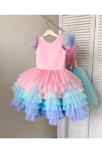 Da&Mira Kız Çocuk Pembe Unicorn Renk Doğum Günü Parti Özel Gün Elbisesi