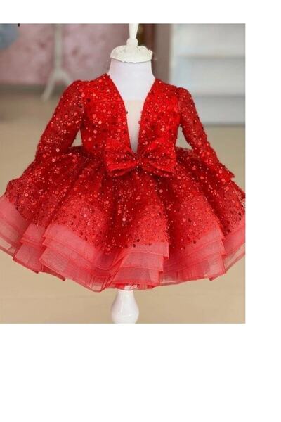 Da&Mira Kız Çocuk Kırmızı Renk Doğum Günü Parti Özel Gün Elbisesi