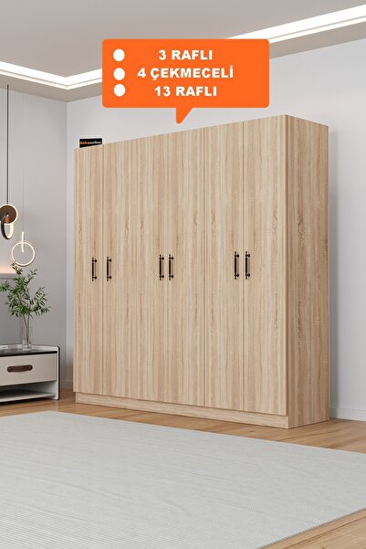 AEKA AE-2115 KALE SONOMO GARDIROP 6 KAPAKLI, 4 ÇEKMECELİ, 3 ASKILIKLI, 13 RAFLI DOLAP