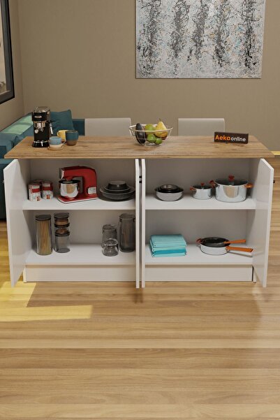 AEKA AE-2040 Vera Mutfak Adası Bar Masası Yemek Masası Dolaplı, Beyaz/Çam Raflı, Çok Amaçlı 160 cm
