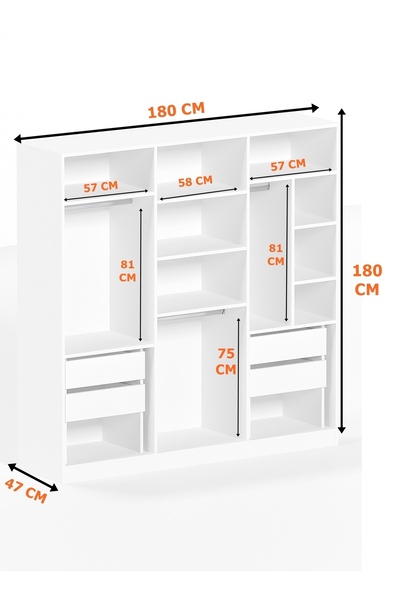 AEKA Ae-2116 Kale Aynalı Beyaz, 6 Kapaklı Gardırop, 13 Raflı, 3 Askılıklı 180 Cm Dolap