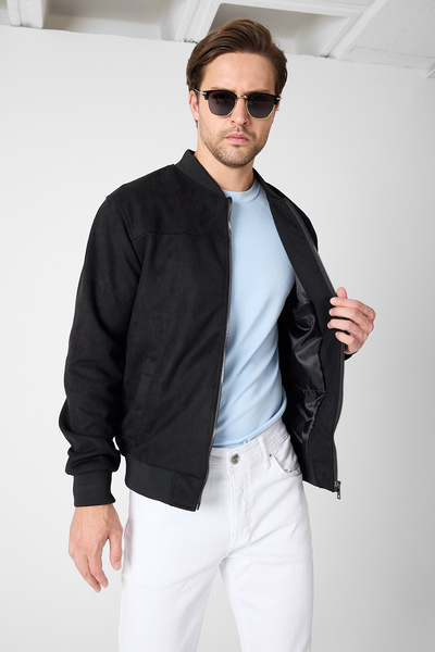 GEİO Men's Regular Fit Zippered Lined Nubuck College Jacket/Moon