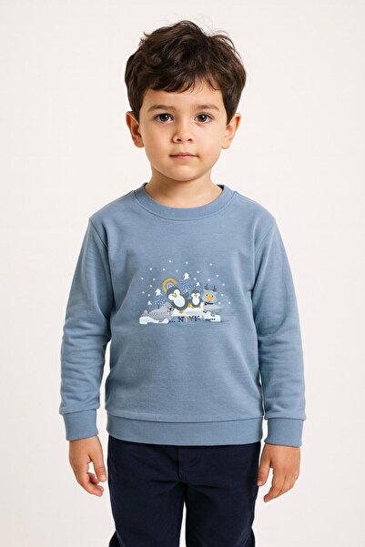 LUESS Erkek Çocuk Penguen Baskılı Mavi Kışlık Sweatshirt 0-5 Yaş