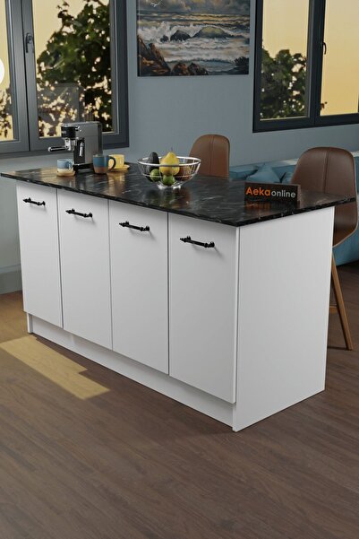 AEKA AE-2040 Vera Mutfak Adası Bar Masası Yemek Masası Dolaplı, Beyaz/S.MERMER Raflı, Çok Amaçlı 160 cm