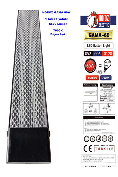 Horoz Gama SİYAH 120cm 60w Prizma Led Bant Armatür 7000k IP20 Beyaz Işık