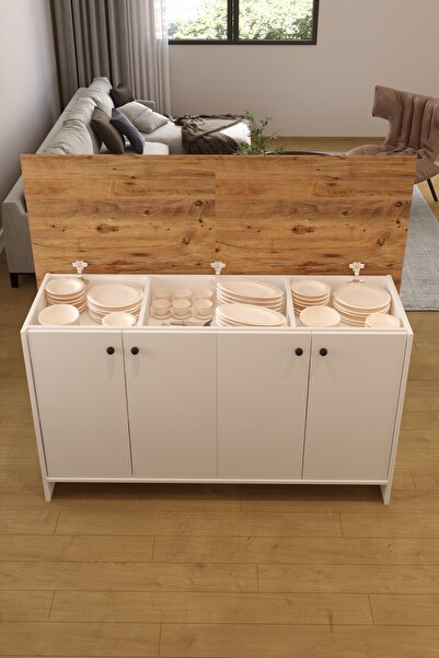 AEKA AE-2080 Patentli Ayder Mutfak Adası Bar Masası Yemek Masası Dolaplı, Beyaz/Çam Raflı, Çok Amaçlı