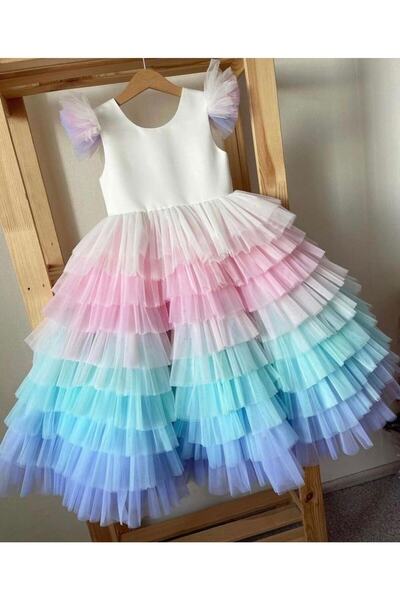 Da&Mira Kız Çocuk Beyaz Renk Unicorn Doğum Günü Parti Özel Gün Elbisesi