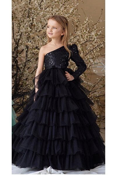 Da&Mira Kız Çocuk Siyah Taşlı Tek Omuz Elbise