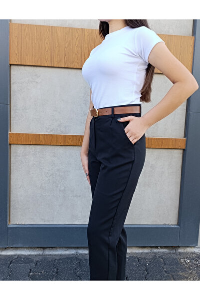 siyalife Women's Narrow Leg Pleated Belted Crepe Fabric Trousers