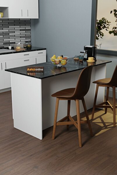 AEKA AE-2040 Vera Mutfak Adası Bar Masası Yemek Masası Dolaplı, Beyaz/S.MERMER Raflı, Çok Amaçlı 160 cm