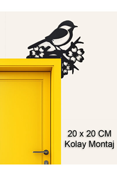Karenza Home Kapı Üstü Süsü Dekoratif Kuş ve Çiçek Desenli Ahşap Kapı Süsü Ev Dekorasyonu - Siyah | Karenza Home
