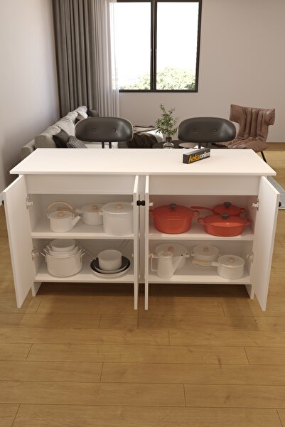 AEKA AE-2080 Patentli Ayder Mutfak Adası Bar Masası Yemek Masası Dolaplı, Beyaz Raflı, Çok Amaçlı 160 CM