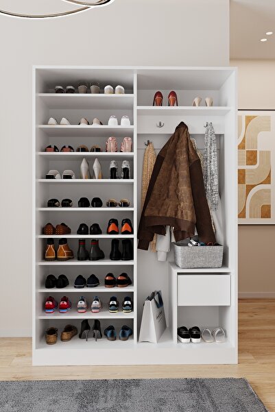 AEKA AE-3071 Patentli İdeal Aynalı Beyaz Vestiyer Portmanto Ayakkabılık Raflı Askılıklı