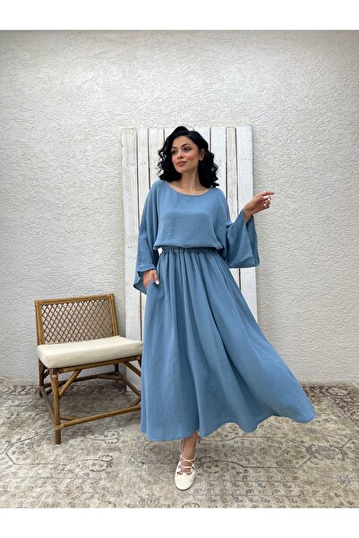 KÜÇÜĞÜM BUTİK Indigo Blue Muslin Loose Blouse and Flared Skirt Set (Set of 2)