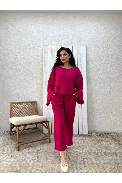 KÜÇÜĞÜM BUTİK Fuşya Müslin Pantolon Bluz İkili Takım (PANTOLON-BLUZ)