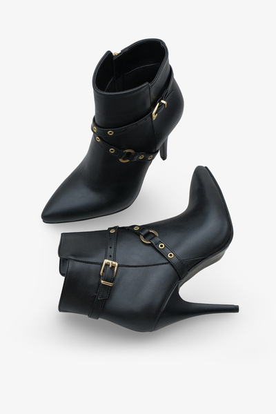 LOJO Women's Belted Side Zipper Pointed Toe Daily Heeled Boots Tery Black