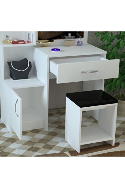 AEKA Ae-4002 Novella Puflu Aynalı Makyaj Masası, Dolaplı, Çekmeceli, Raflı, Beyaz, Minderli, Tuvalet