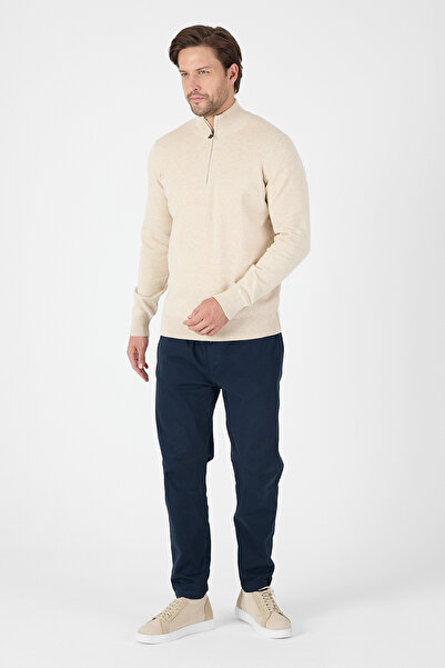 hateko %100 Pamuk Bej Yarım Fermuarlı Dik Yaka Triko Kazak