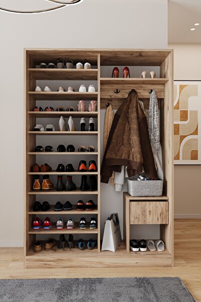 AEKA AE-3071 Patentli İdeal Aynalı Atlantik Çam Vestiyer Portmanto Ayakkabılık Raflı Askılıklı,