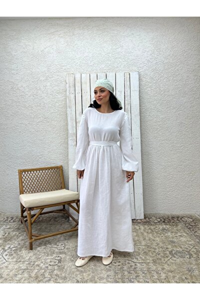 KÜÇÜĞÜM BUTİK Φόρεμα Hijab Λευκό Μουσελίνα με Συγκεντρωμένη Μέση