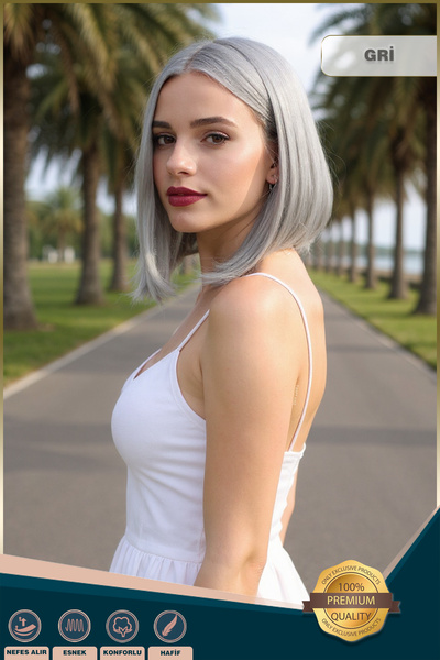 KONAK PERUK Fiber Sentetik Peruk Perçemsiz Kısa Düz - Gri