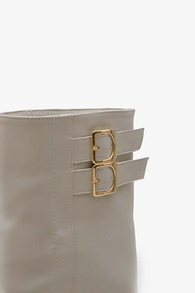 LOJO Kadın Çift Kemer Tokalı Sivri Burun Topuklu Günlük Bot Magris Ekru