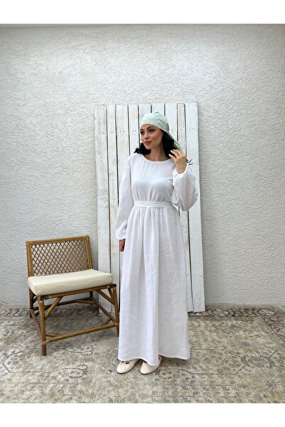 KÜÇÜĞÜM BUTİK Φόρεμα Hijab Λευκό Μουσελίνα με Συγκεντρωμένη Μέση