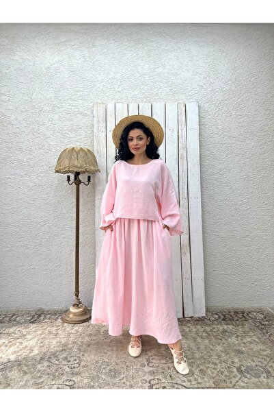 KÜÇÜĞÜM BUTİK Powder Pink Muslin Loose Blouse and Flared Skirt Set (Set of 2)