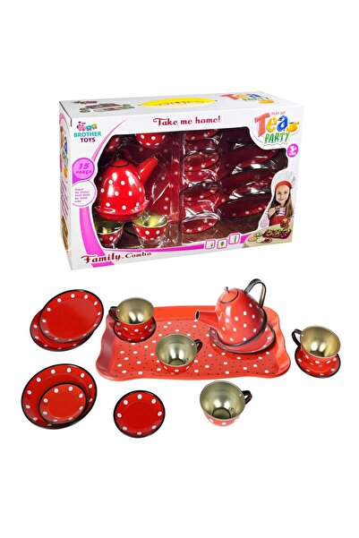 Brother Toys 15 Piece Polka Dot Metal Tea Set for Home and Kitchen, Cup, Teapot and Saucer 24 Cm. Red