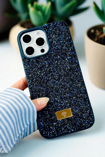 KVK PRİVACY iPhone 13 Pro Max Uyumlu – Elmas Tasarımlı, Lacivert Taşlı, Işılt...