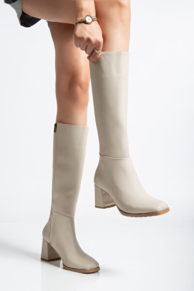 moun shoes Γυναικείες μπότες με τακούνι σε μπεζ μπεζ με φερμουάρ