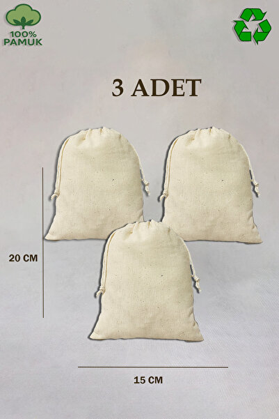 APRENDİ 15x20 Cm Ham Bez Kese –3'lü Set | %100 Pamuk | Doğa Dostu Mini Torba