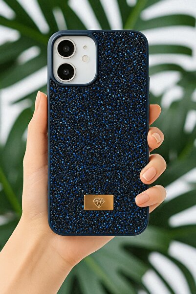 KVK PRİVACY iPhone 12 / 12 Pro Uyumlu – Elmas Tasarımlı, Lacivert Taşlı, Işıl...