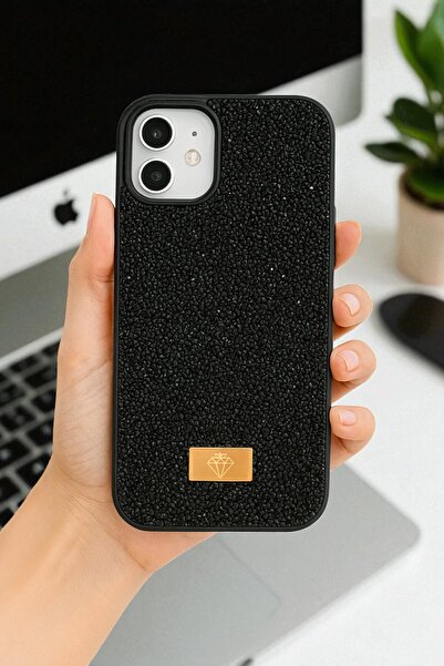 KVK PRİVACY iPhone 12 / 12 Pro Uyumlu – Elmas Tasarımlı, Siyah Taşlı, Işıltıl...